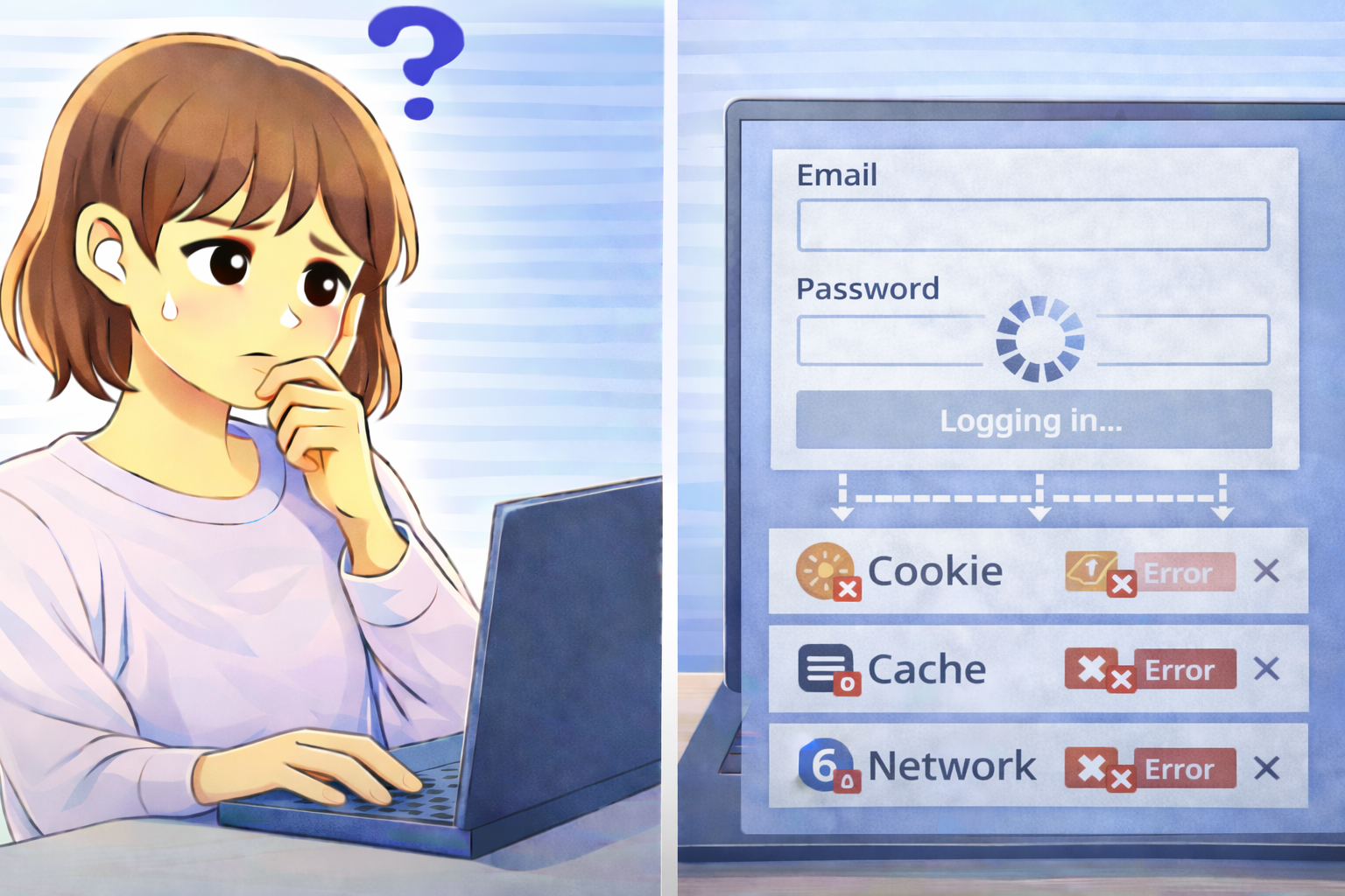 ログイン画面が読み込み中のまま進まずCookieやキャッシュにエラー表示が出ているノートPC画面と困っている女性のイラスト
