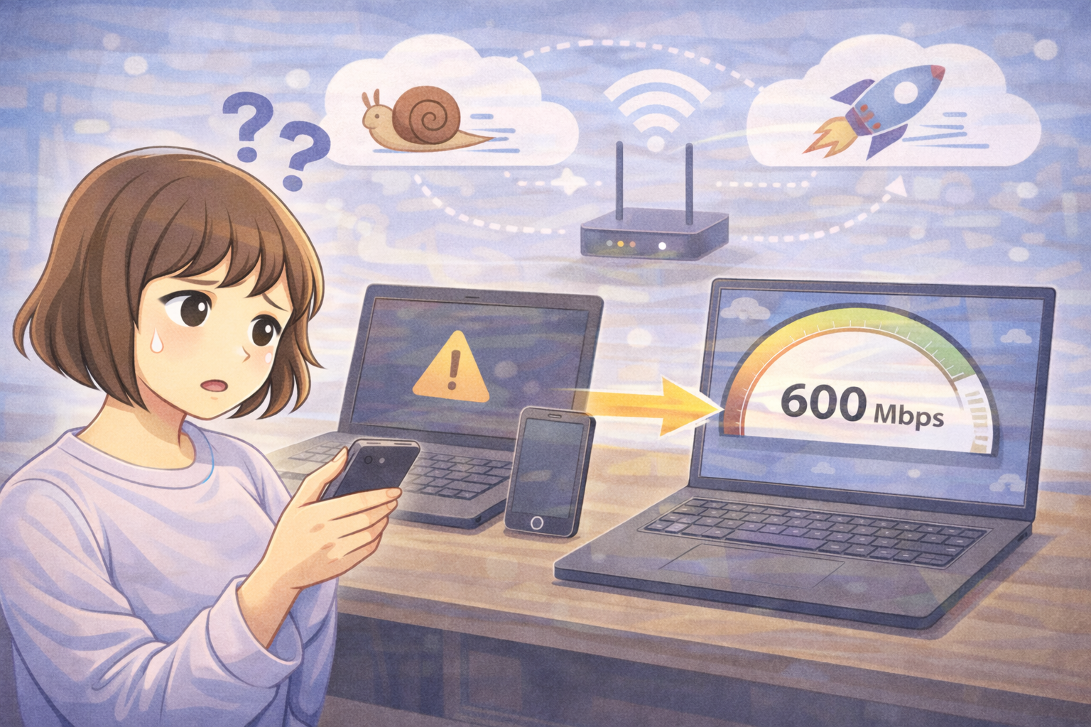 古いスマホとノートPCだけ通信が遅く、同じWi-Fi接続でも速度差が出ている様子を示すイラスト