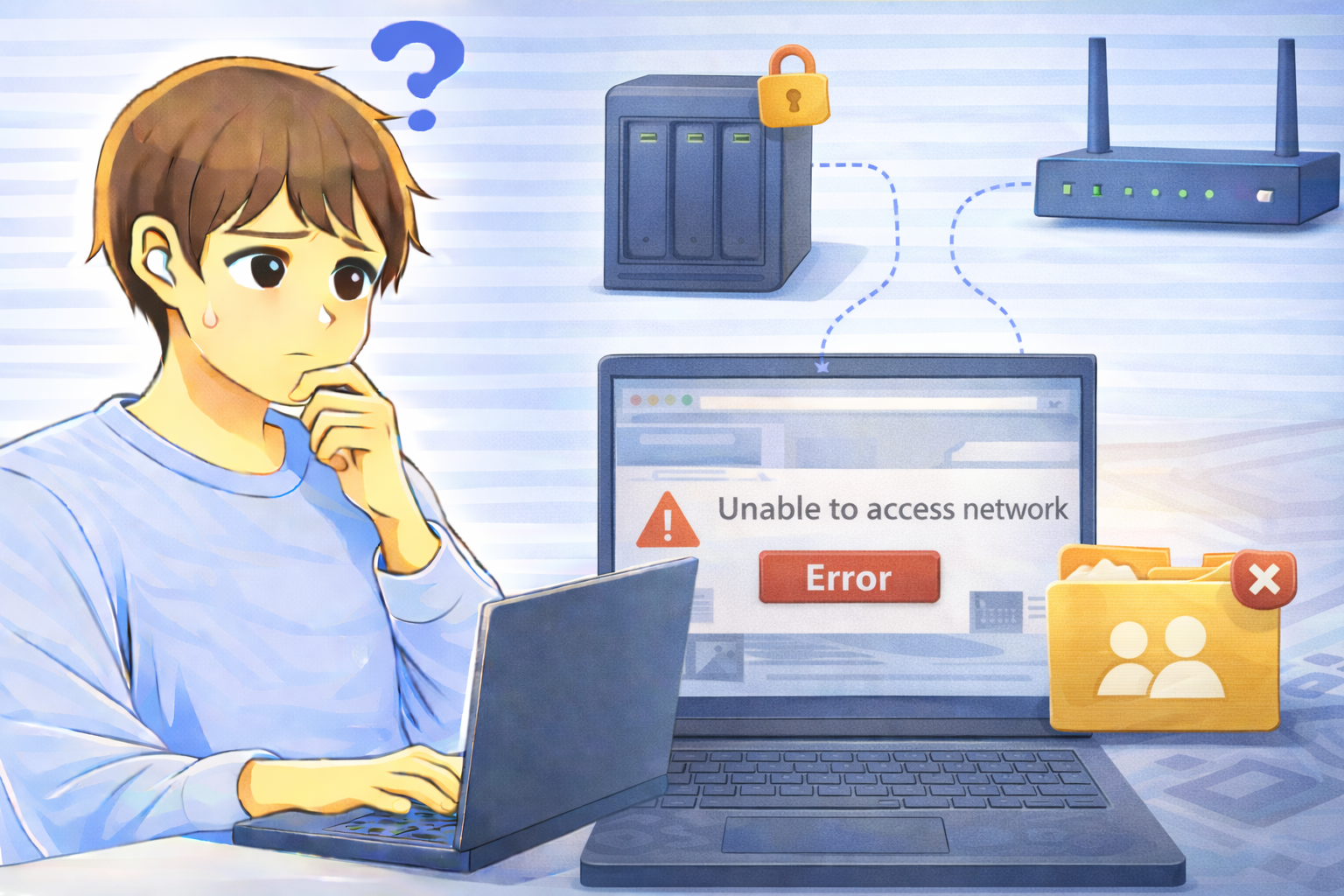 家庭内NASや共有フォルダにアクセスできずローカルネットワークのエラーが表示されているノートPC画面と困っている男性のイラスト