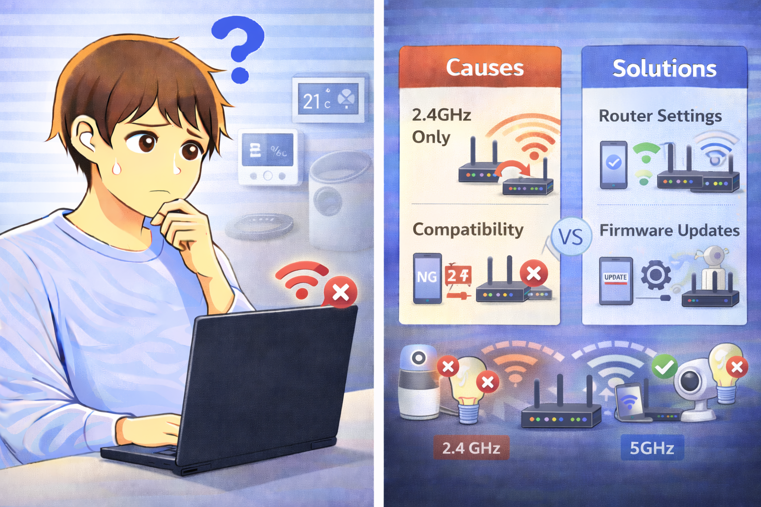 スマート家電やIoT機器がWi-Fiにつながらず、ノートパソコンを前に原因を考えている男性のイラスト