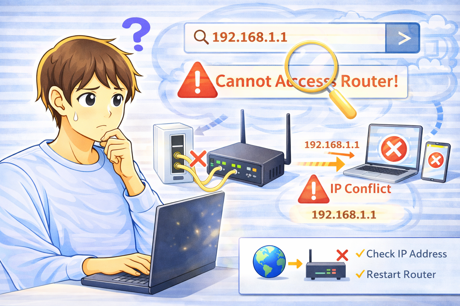 192.168.1.1にアクセスできずルーター管理画面が開けない状態を示すノートPC画面と困っている男性のイラスト