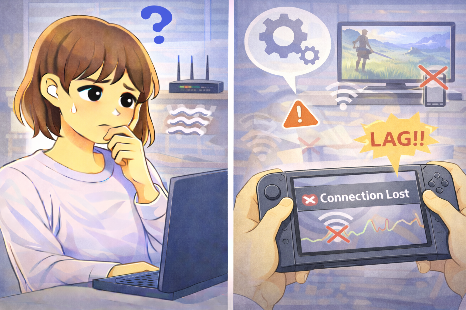 ゲーム機だけWi-Fi接続が不安定になり、オンラインプレイ中に切断や遅延が発生して原因を考えている女性と、右側にゲーム機の接続エラー画面が描かれたイラスト