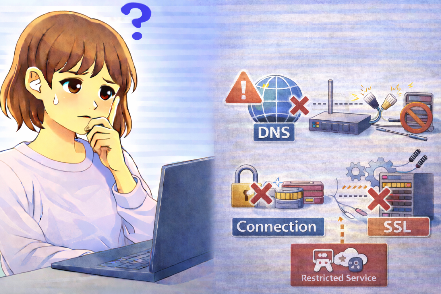 特定サイトやサービスだけ開けない原因を示すネットワークエラー画面と困っている女性のイラスト