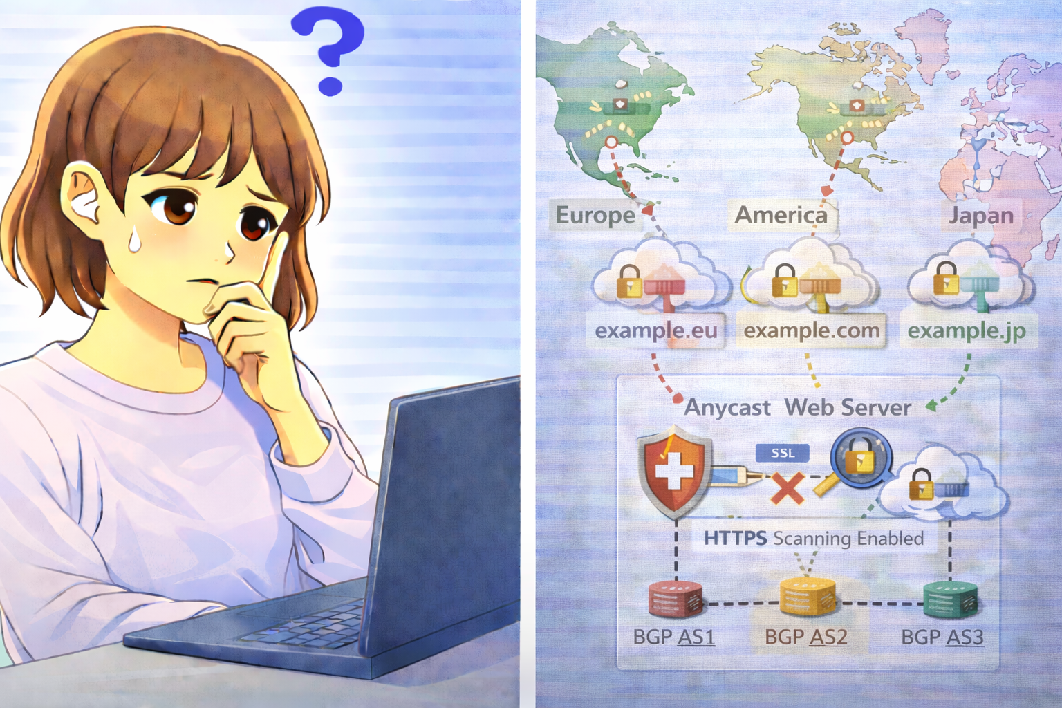 Anycast経路の違いにより地域ごとに異なるサーバーへ接続される様子と困っている女性のイラスト