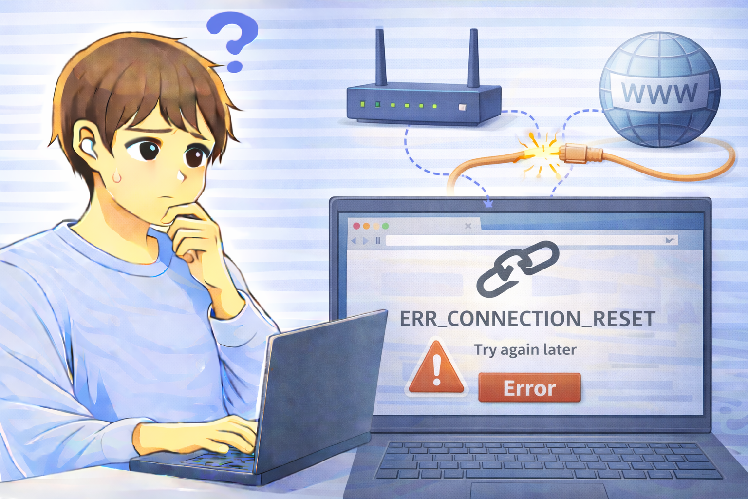 ERR_CONNECTION_RESETエラーが表示され通信接続が途中で切断された状態を示すノートPC画面と困っている男性のイラスト