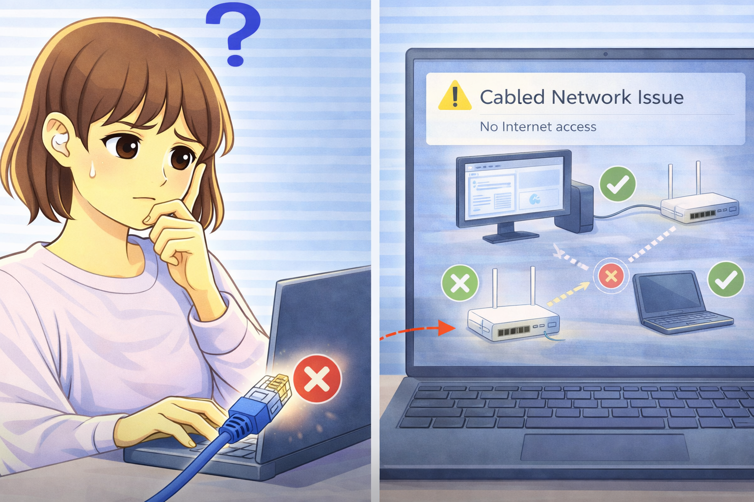 LANケーブル接続のPCだけインターネットに繋がらない状態と、他の機器は正常に通信できている様子を示した画面と困っている女性