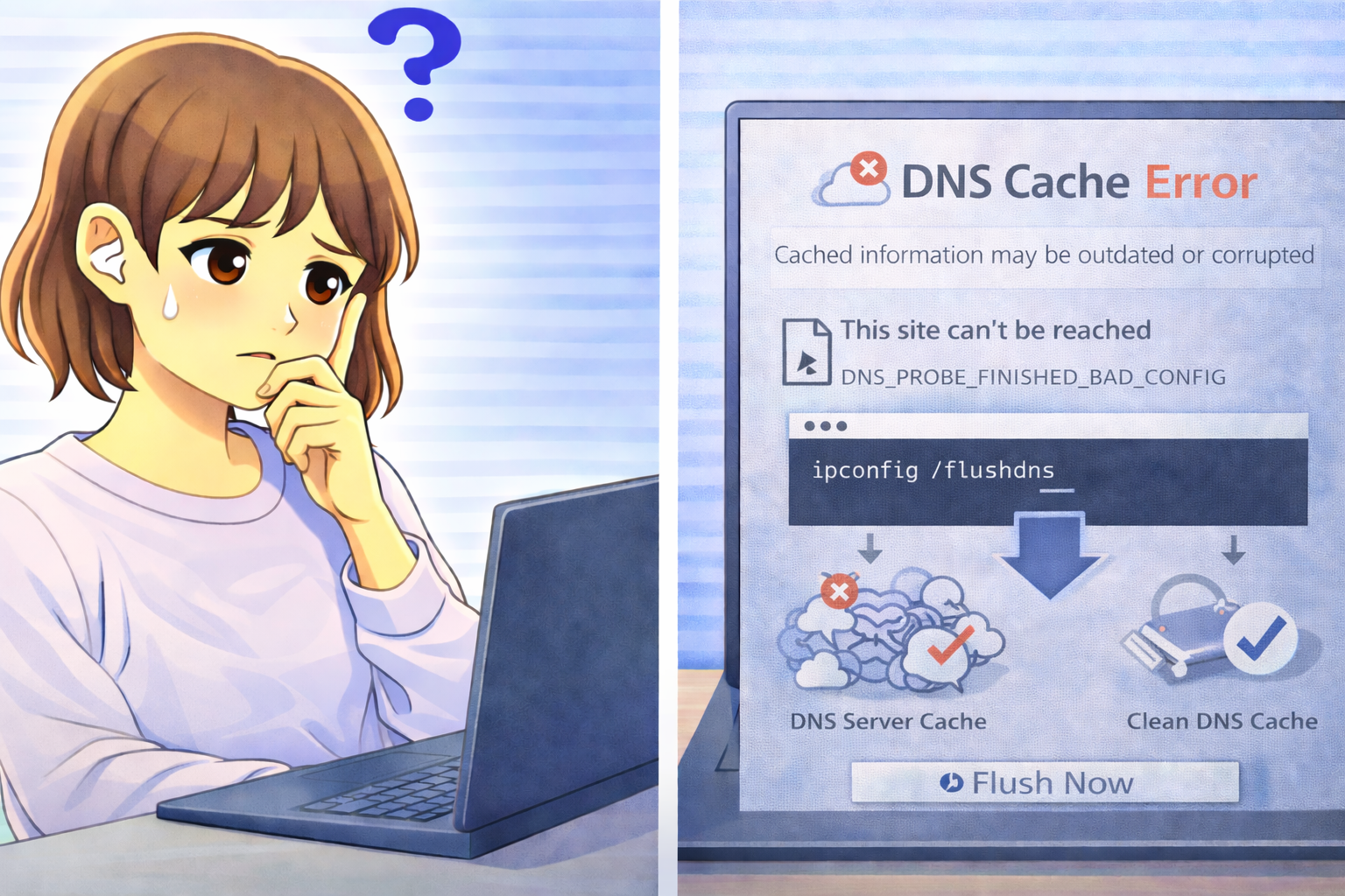 DNSキャッシュエラーが表示されたPC画面と困っている女性のイラスト