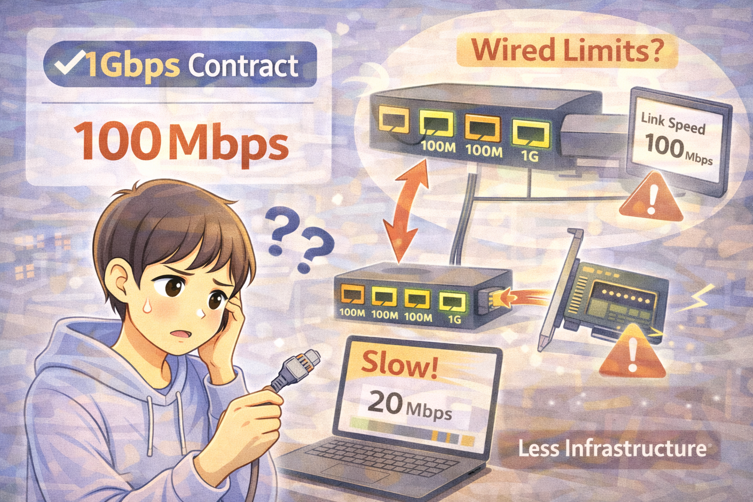 1Gbps契約にもかかわらず有線接続で100Mbpsしか出ず、ルーターのポート表示を確認している男性のイラスト