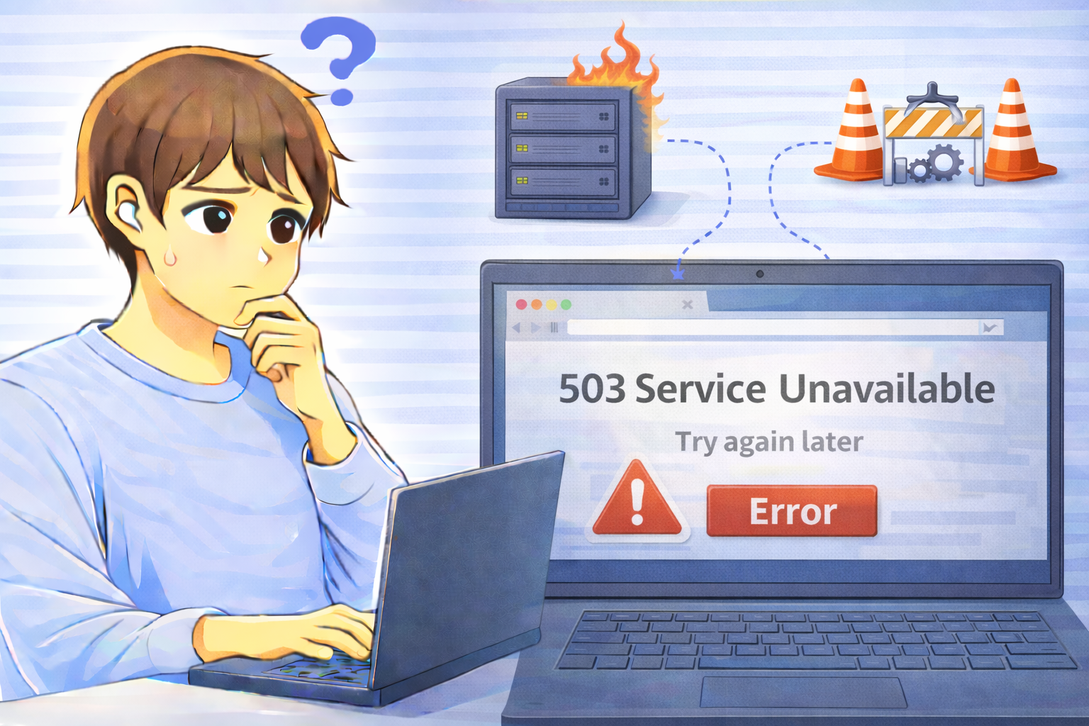 503 Service Unavailableエラーが表示されサーバー負荷やメンテナンス状態が示されているノートPC画面と困っている男性のイラスト