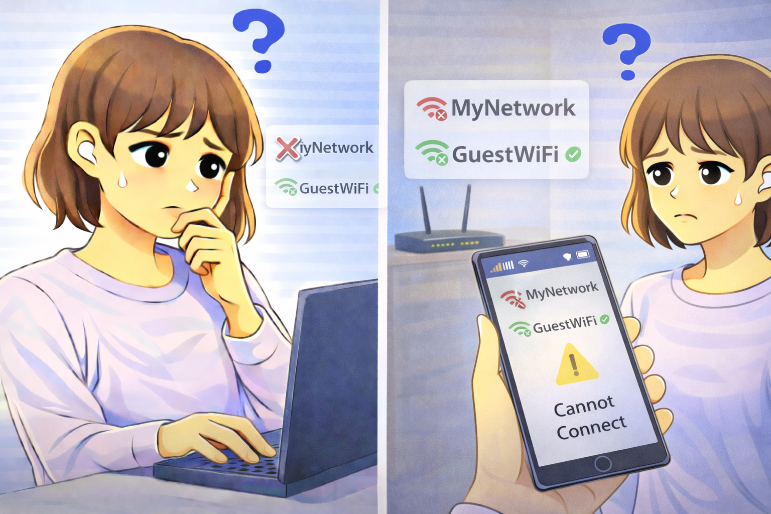 通常のWi-Fiだけがつながらず、ゲスト用Wi-Fiは使える状態で、スマホやパソコンの接続先を確認しながら原因を考えている女性と通信状態を示す画面が描かれたイラスト