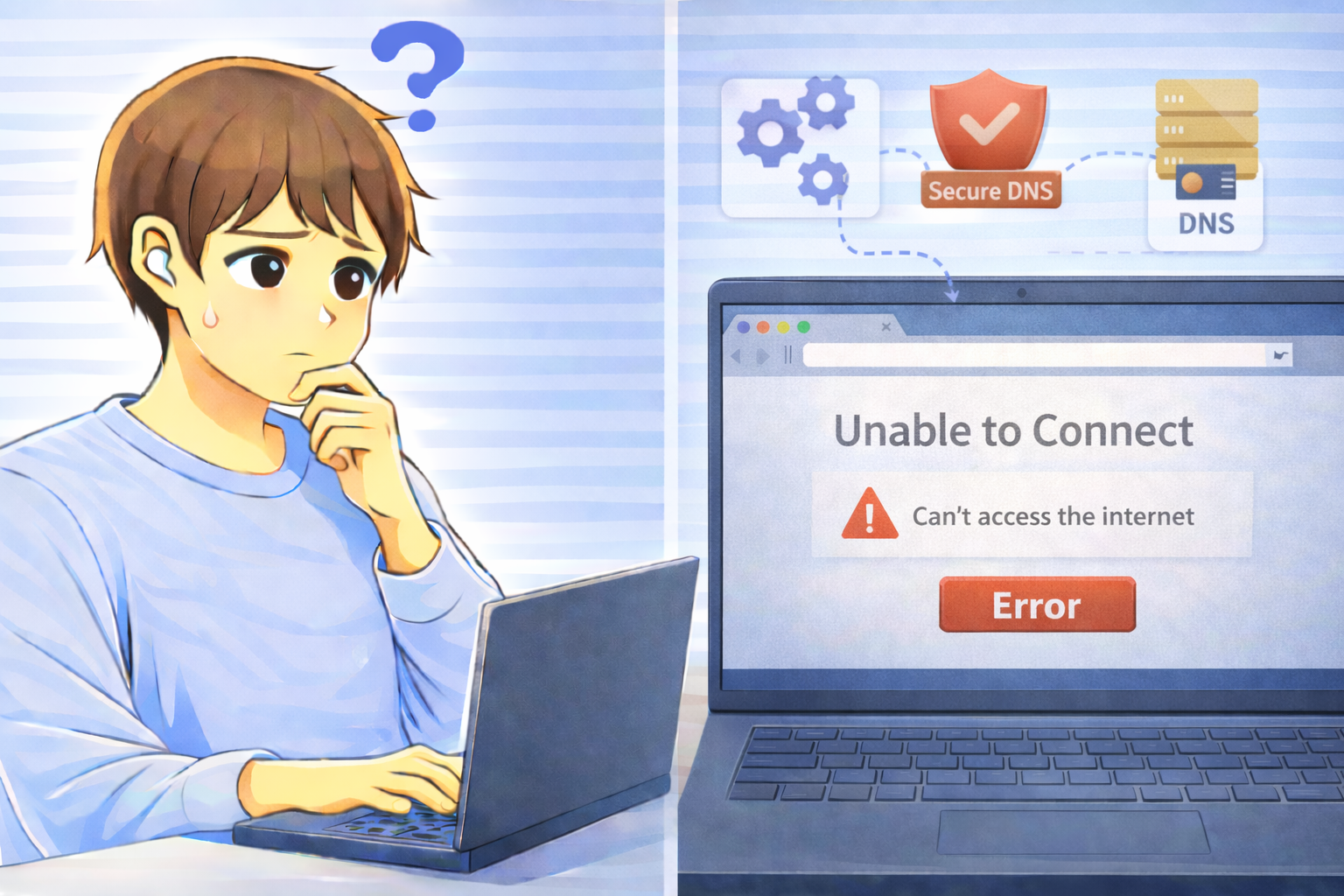 ブラウザで接続エラーが表示されDNSやセキュアDNS関連アイコンが示されているノートPC画面と困っている男性のイラスト