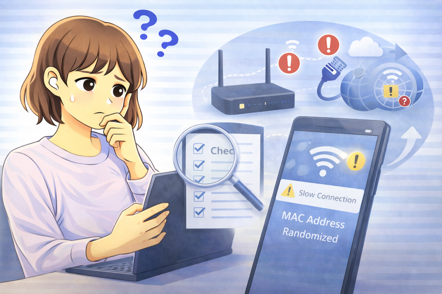 Wi-Fiの接続トラブルを確認しながらスマホとノートPCを見て原因を考えている女性のイラスト