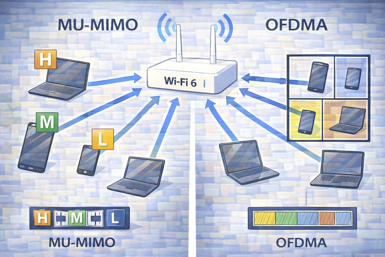 Wi-Fi6ルーターから複数端末へ同時通信と帯域分割を行う仕組みを示し、MU-MIMOとOFDMAの違いを表したイラスト