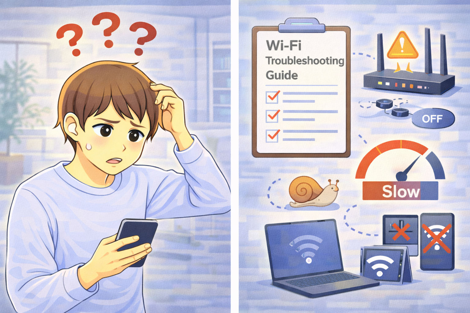 Wi-Fiがつながらない・遅い・切れる症状を示すアイコンと、ノートPCやスマートフォンを前に原因を確認している男性のイラスト