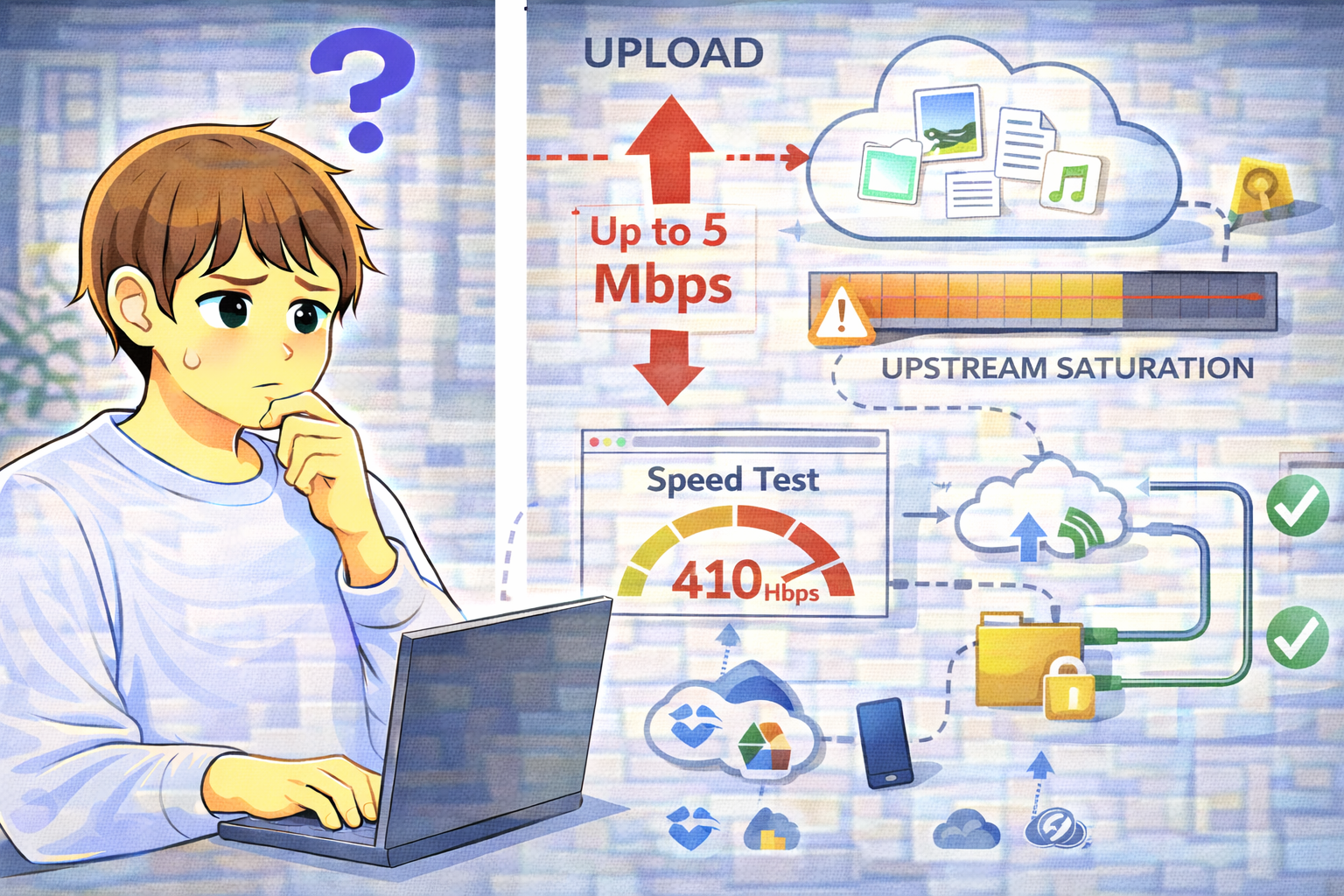 クラウド同期によるアップロード帯域の圧迫を示す図と、ノートPCを前に通信速度低下の原因を確認している男性のイラスト