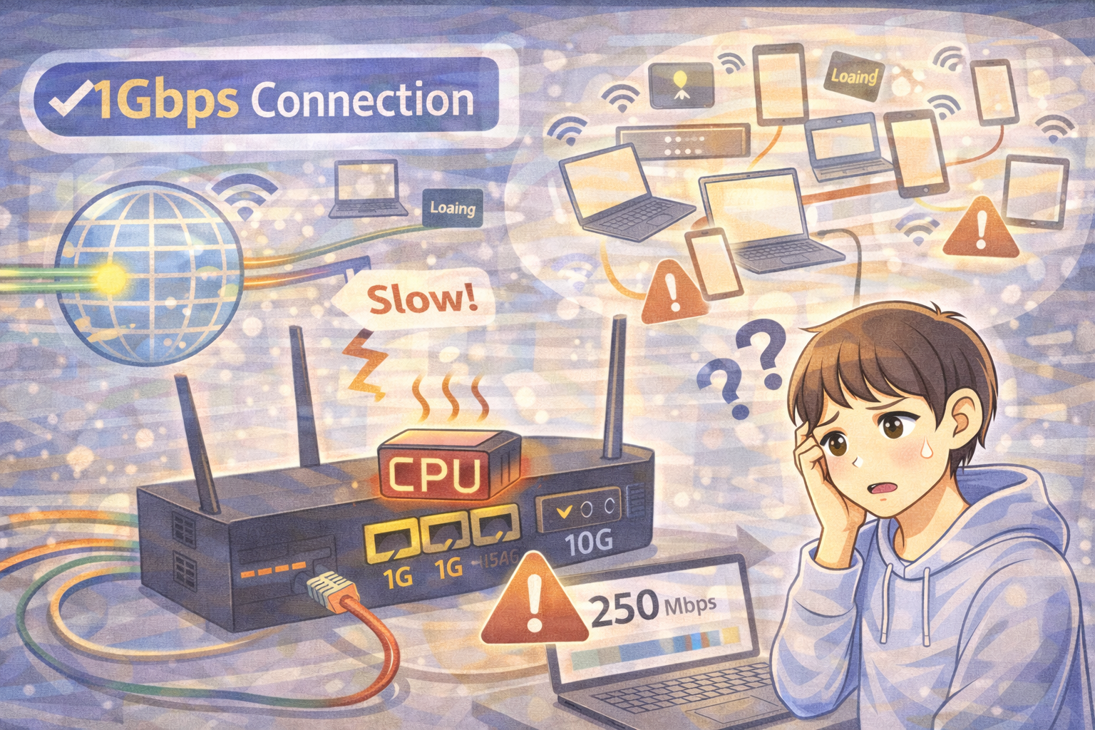 1Gbps回線でもルーターCPU負荷により速度が低下している様子を確認している男性のイラスト