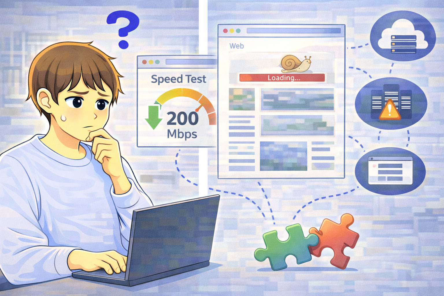 回線速度は高速と表示されているがWebページの読み込みが遅く、ノートPCを前に原因を考えている男性のイラスト