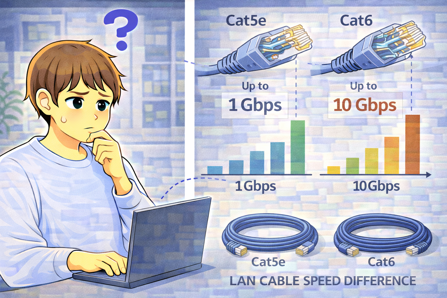 Cat5eとCat6のLANケーブル規格による通信速度の違いを比較しながらノートPCを前に確認している男性のイラスト