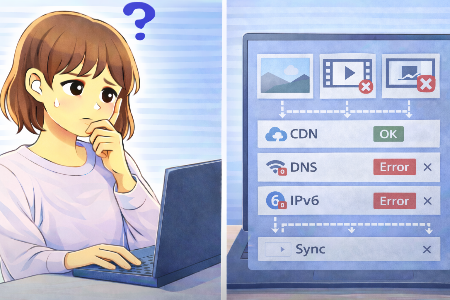 一部の画像や動画だけ表示されずDNSやIPv6にエラー表示が出ているノートPC画面と困っている女性のイラスト