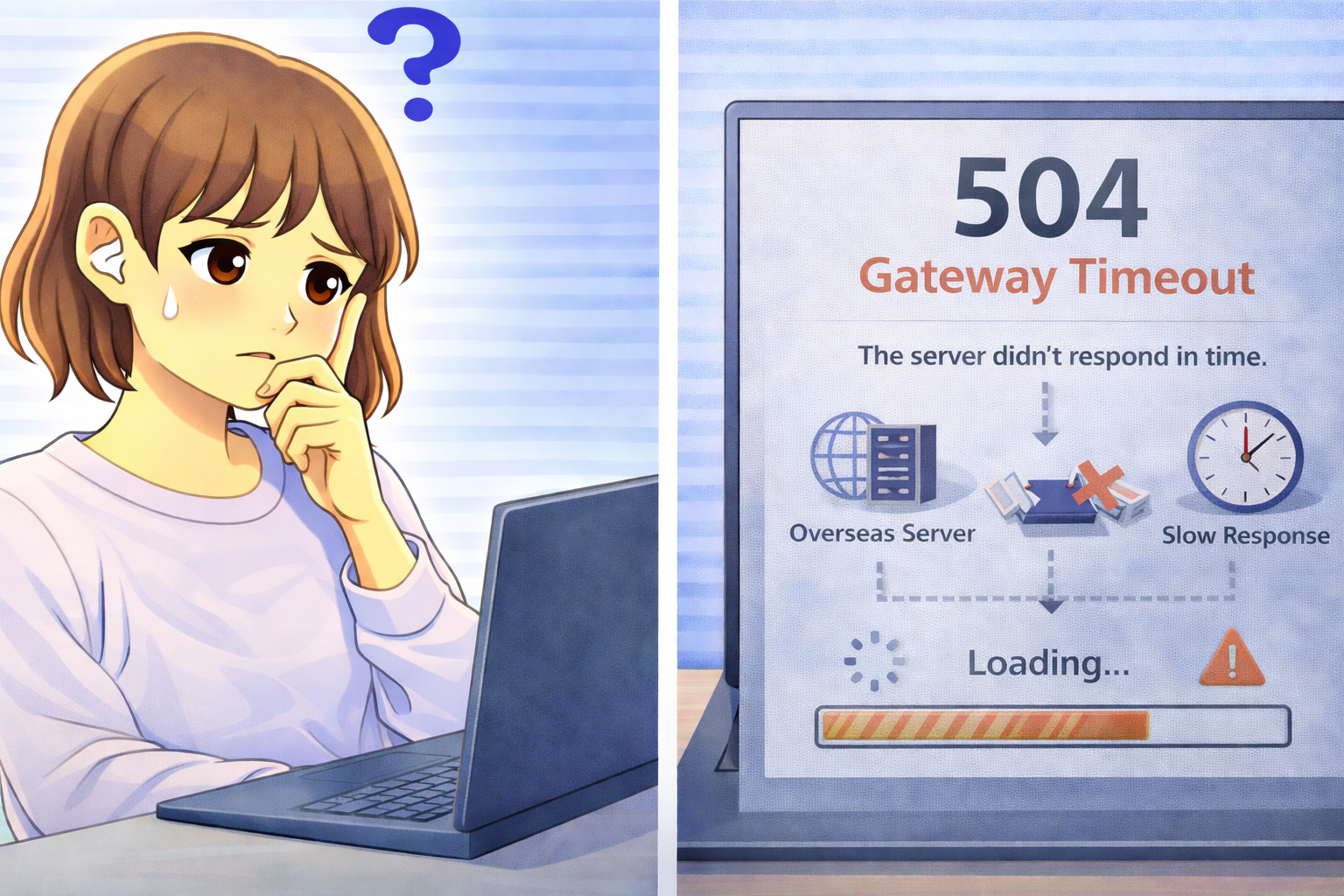 504 Gateway Timeoutエラーが表示されたPC画面と困っている女性のイラスト