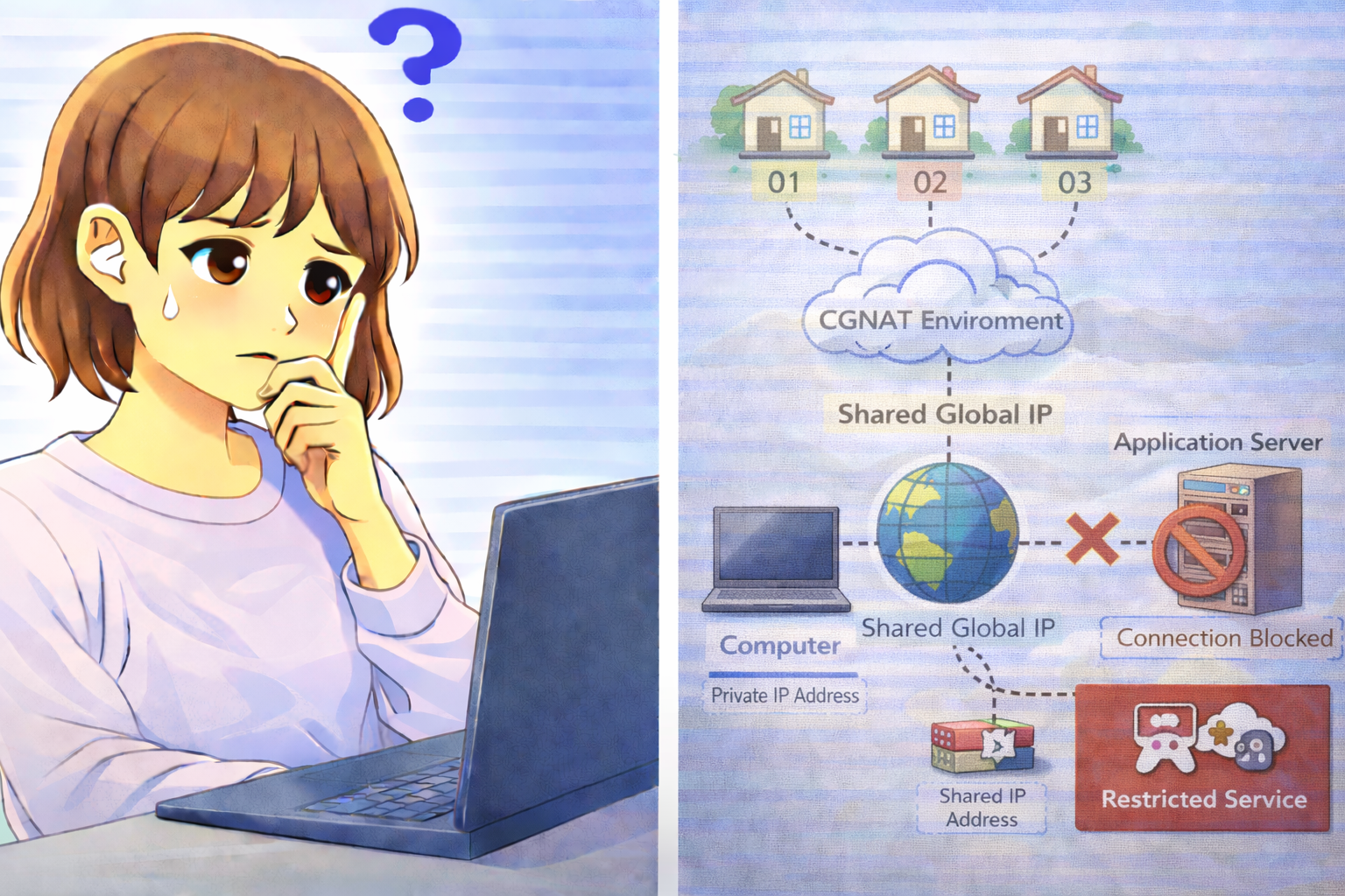 CGNAT環境で共有グローバルIPによりサービス接続が制限される状況を示したPC画面と困っている女性のイラスト