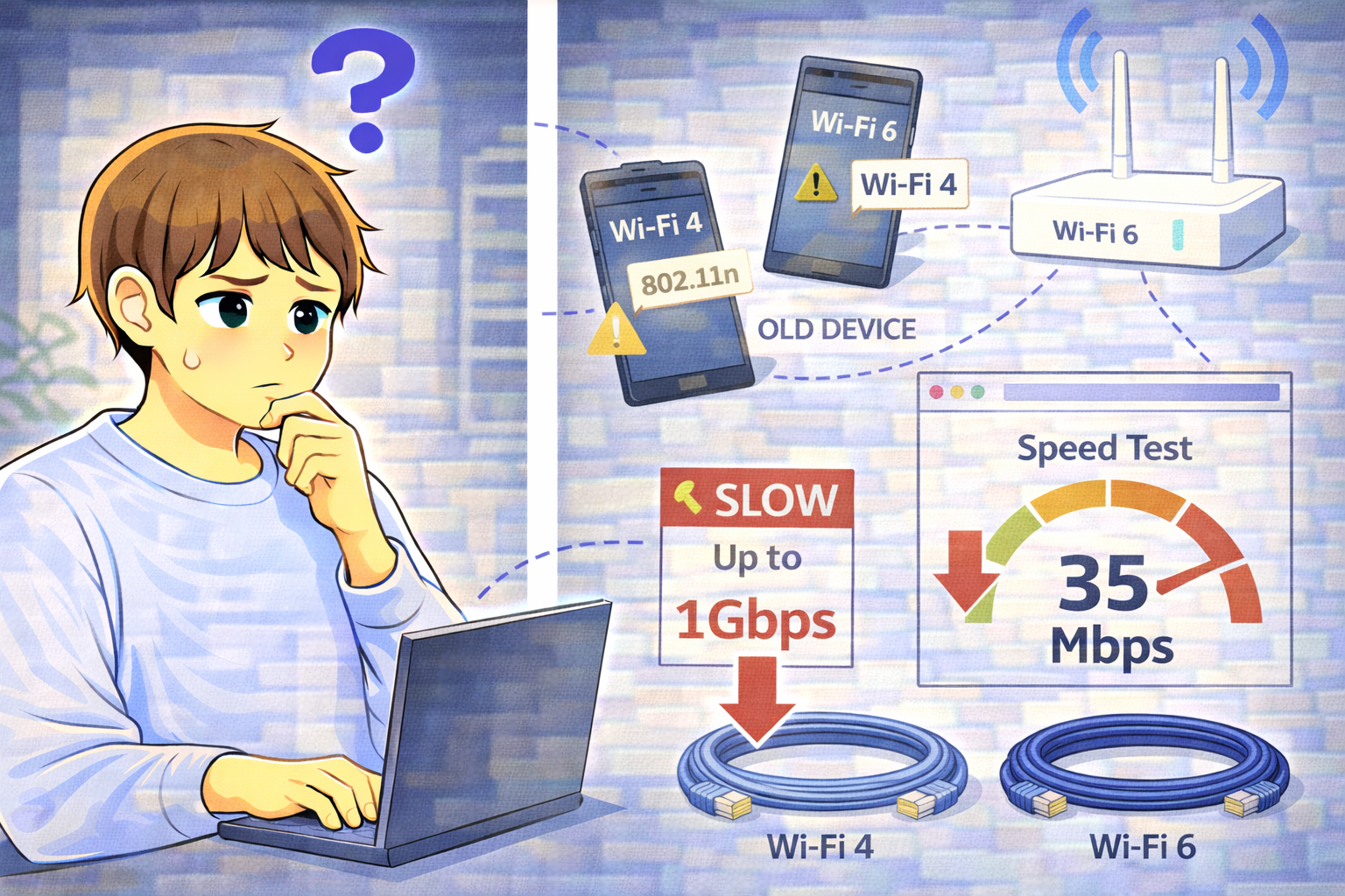 Wi-Fi6対応ルーターを使用しているが端末側の規格差により通信速度が伸びず、ノートPCを前に原因を確認している男性のイラスト