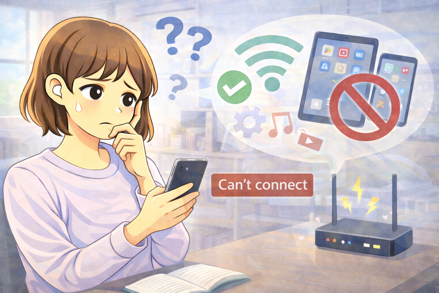 Wi-Fiは接続中だがアプリだけ通信できずスマートフォンを見て困っている女性のイラスト