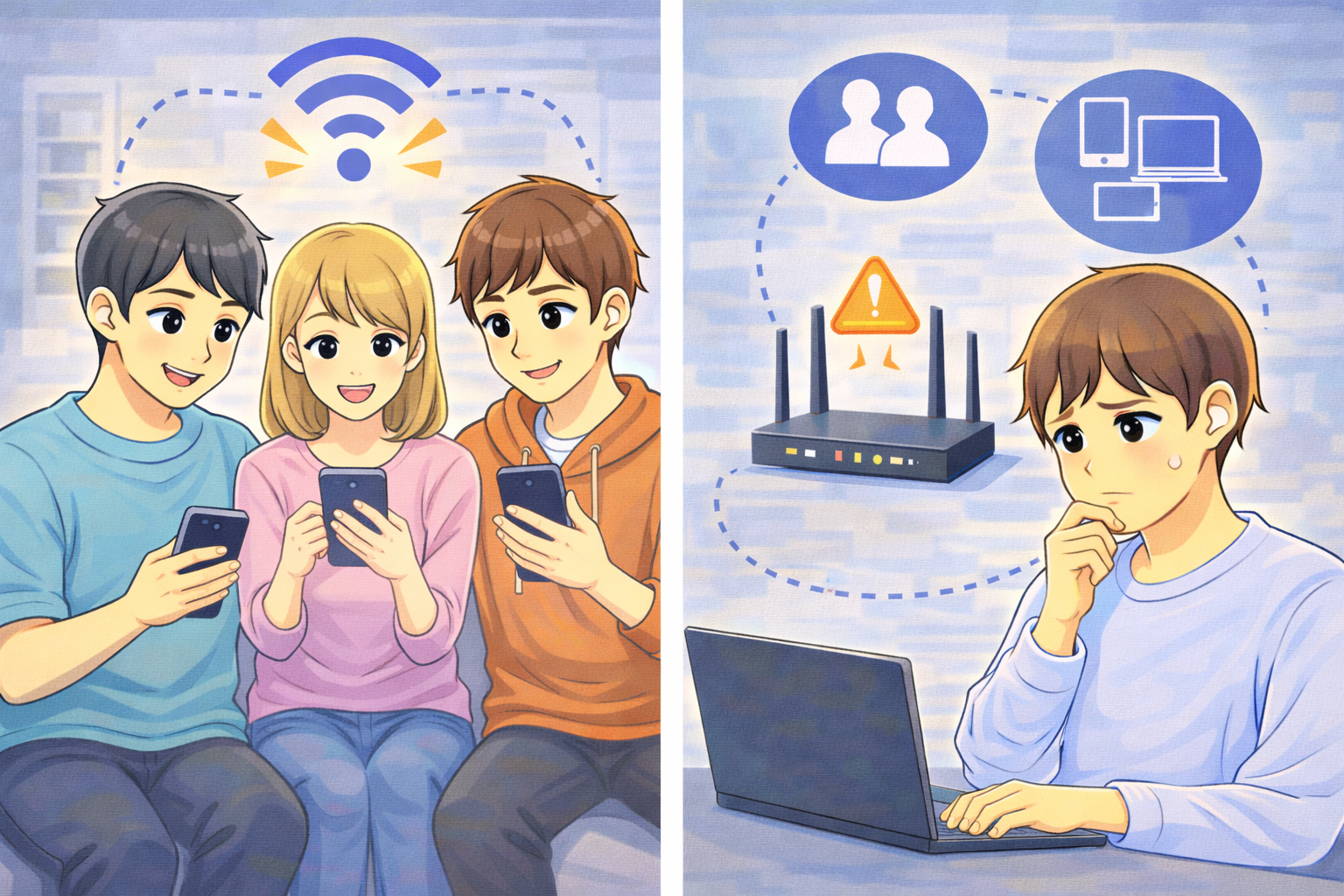 来客により複数端末が同時接続され、Wi-Fiが不安定になっている様子とノートPCを前に原因を考えている男性のイラスト
