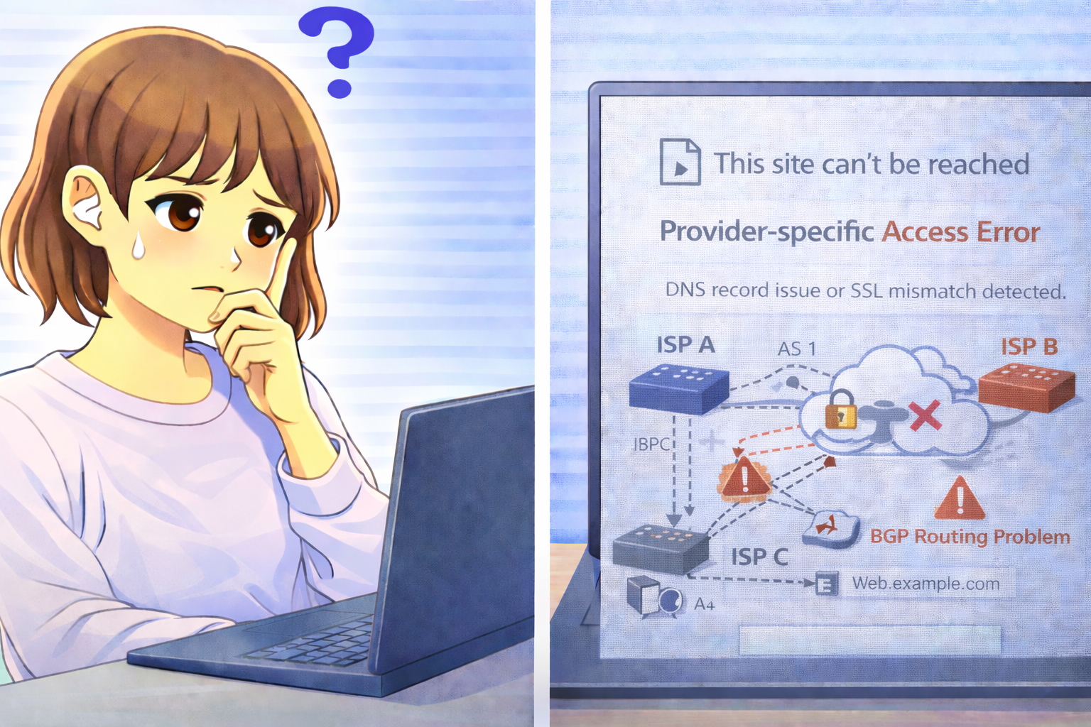 特定プロバイダ回線でWebサイトにアクセスできないエラー画面と困っている女性のイラスト