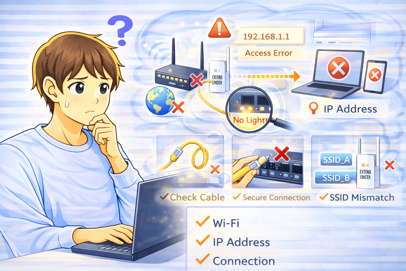 ルーターやONUの通信トラブルによりWi-FiやIP接続が不安定になっている状態を示すネットワーク構成と困っている男性のイラスト