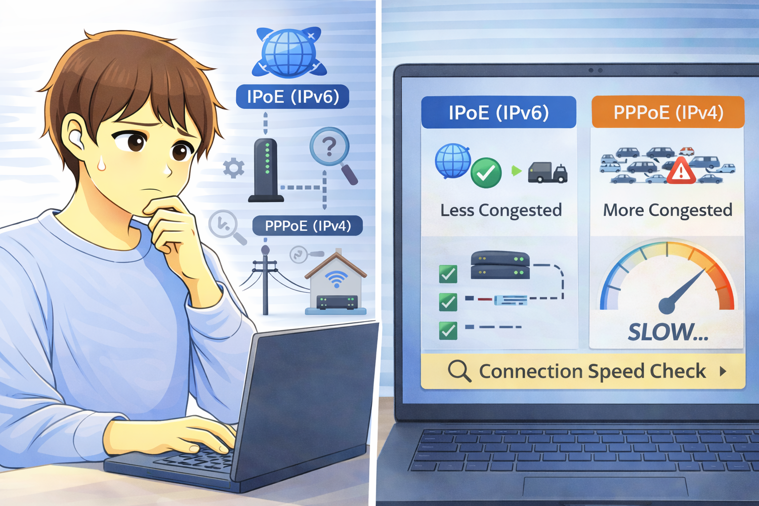 IPoEとPPPoEの違いと通信速度の状態をパソコン画面で比較して確認している様子