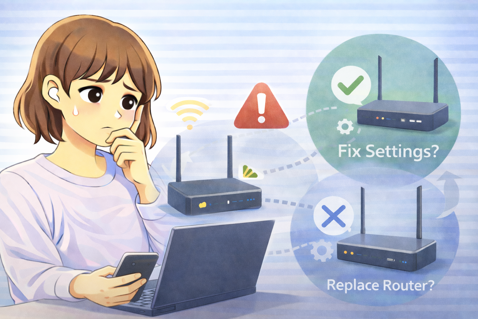 Wi-Fiが不安定な状況でルーターの設定変更か買い替えかを考えている女性とノートPCのイラスト
