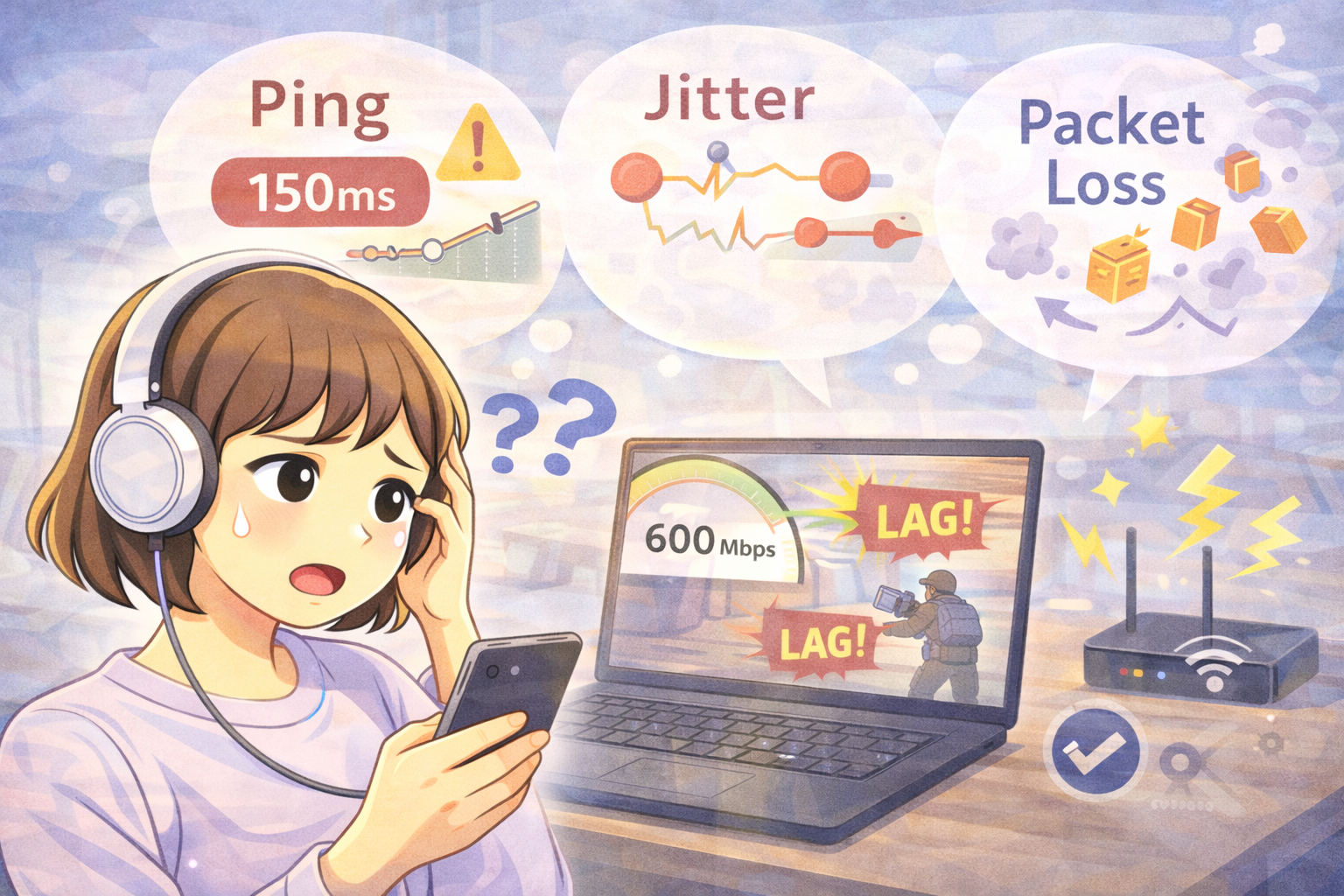 回線速度は出ているのにラグが発生し、Pingやパケットロスの表示を見ながら困っている女性のイラスト