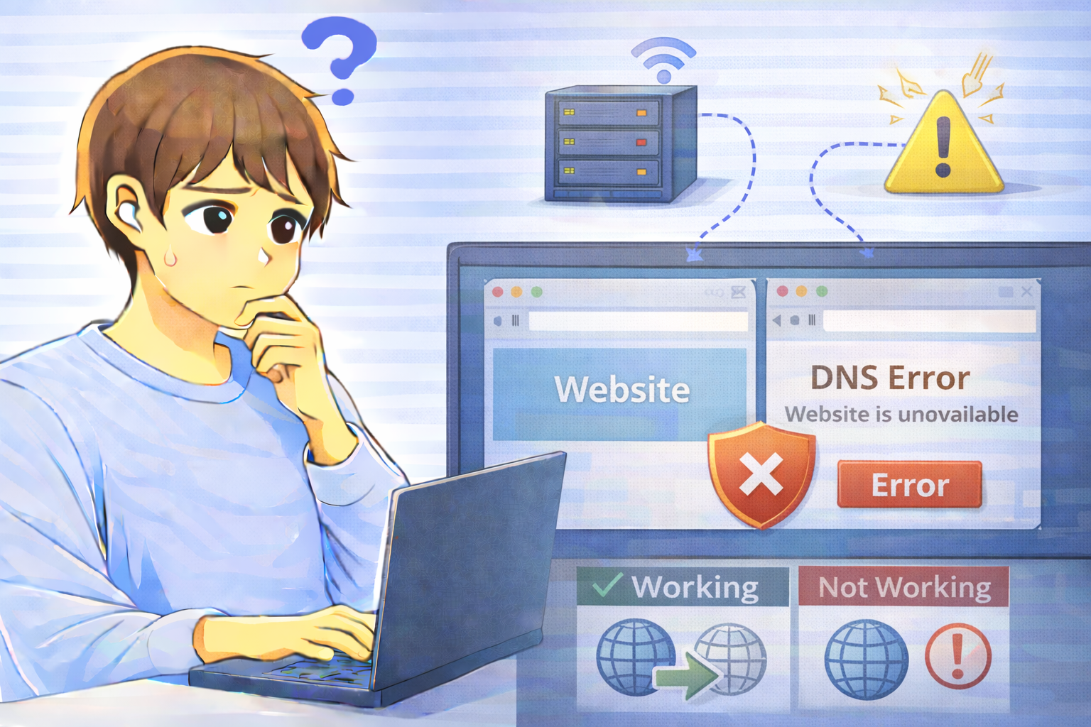 プロバイダDNS障害により特定サイトのみ名前解決エラーが表示されているノートPC画面と困っている男性のイラスト