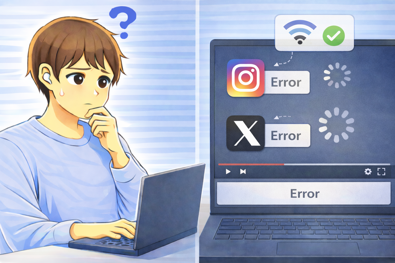Wi-Fiは正常表示なのにInstagramとXでエラーが表示され読み込めない状態のノートPC画面と困っている男性のイラスト