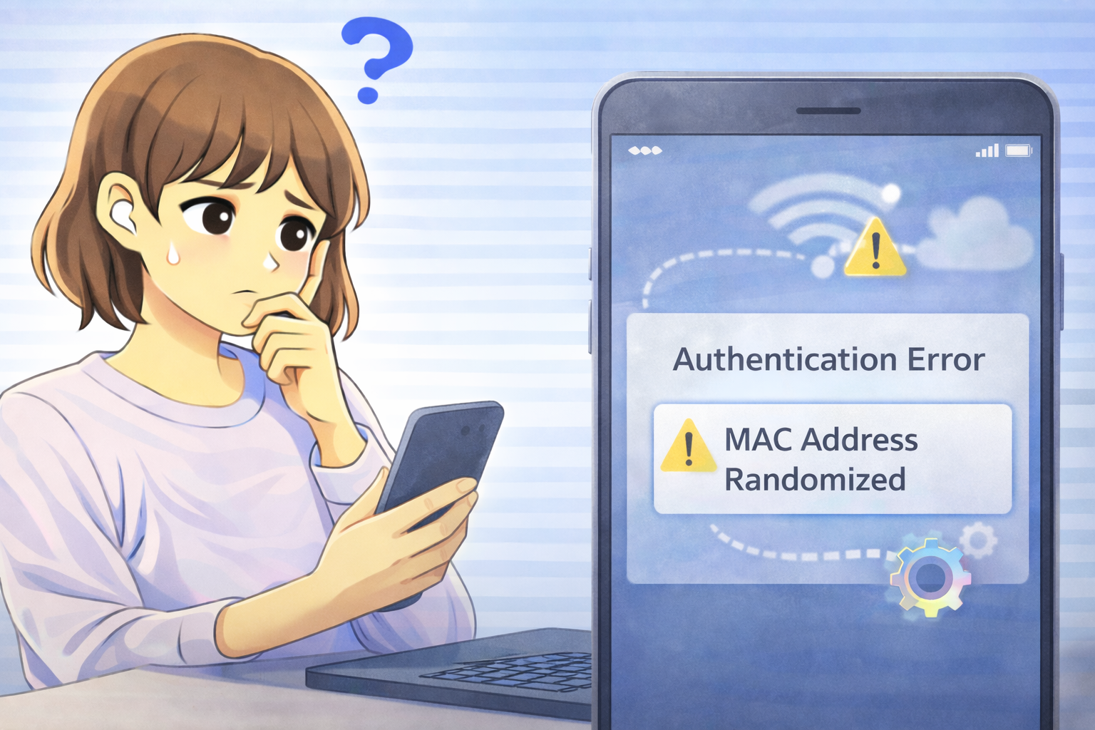 Wi-Fi認証エラーが表示されたスマホ画面を見て困っている女性のイラスト