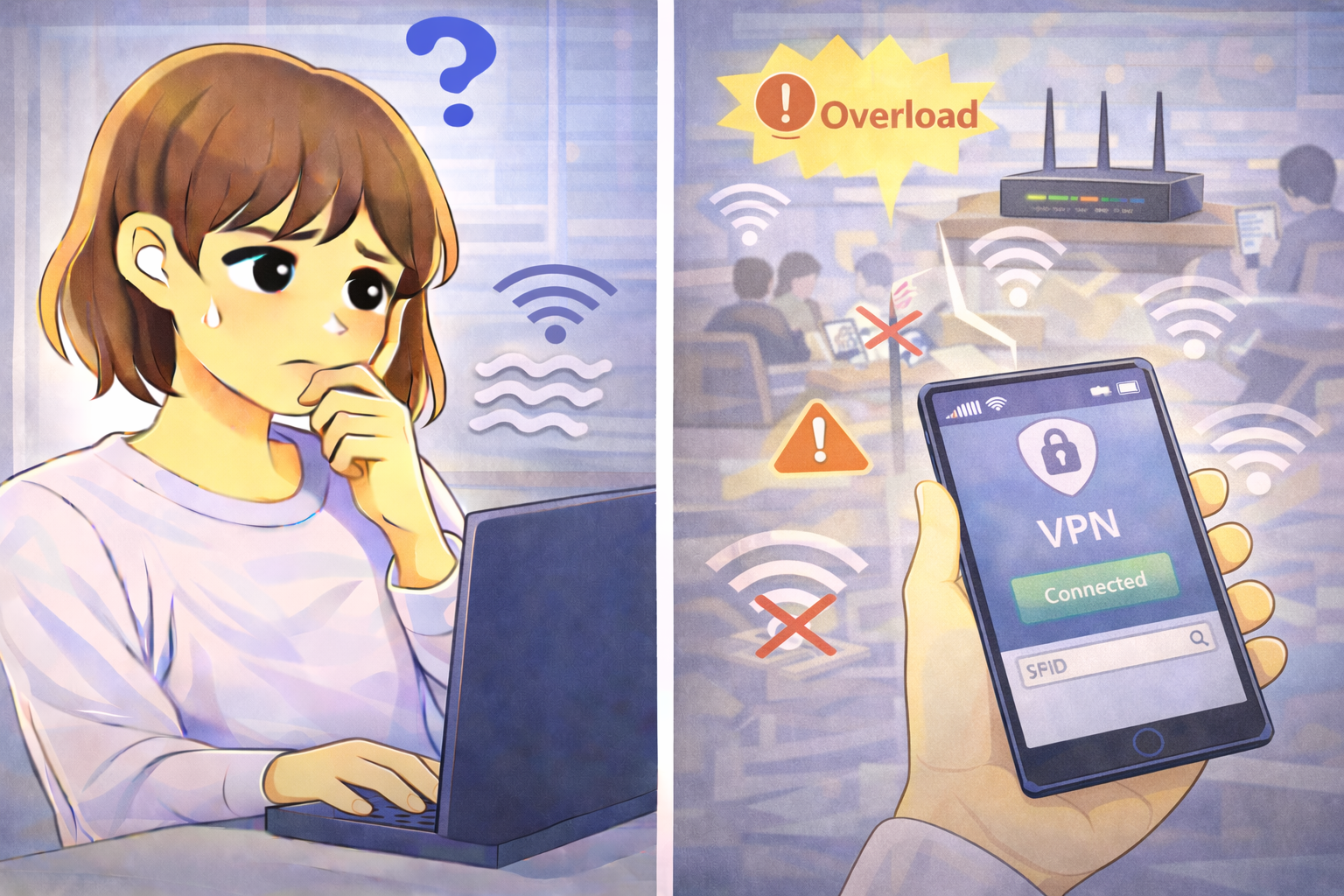 VPN接続中だけWi-Fiが不安定になり、ノートパソコンを操作しながら原因を考えている女性と、右側にVPN接続状態と通信エラーを示すスマホ画面が描かれたイラスト