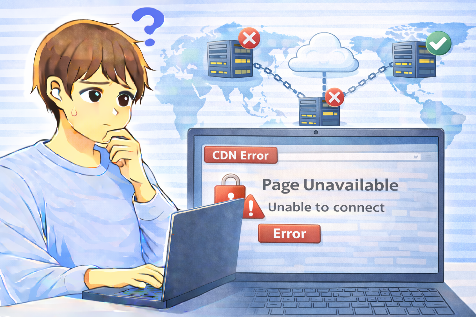 CDNエッジサーバーの障害によりサイトが表示できない状態を示すノートPC画面と困っている男性のイラスト