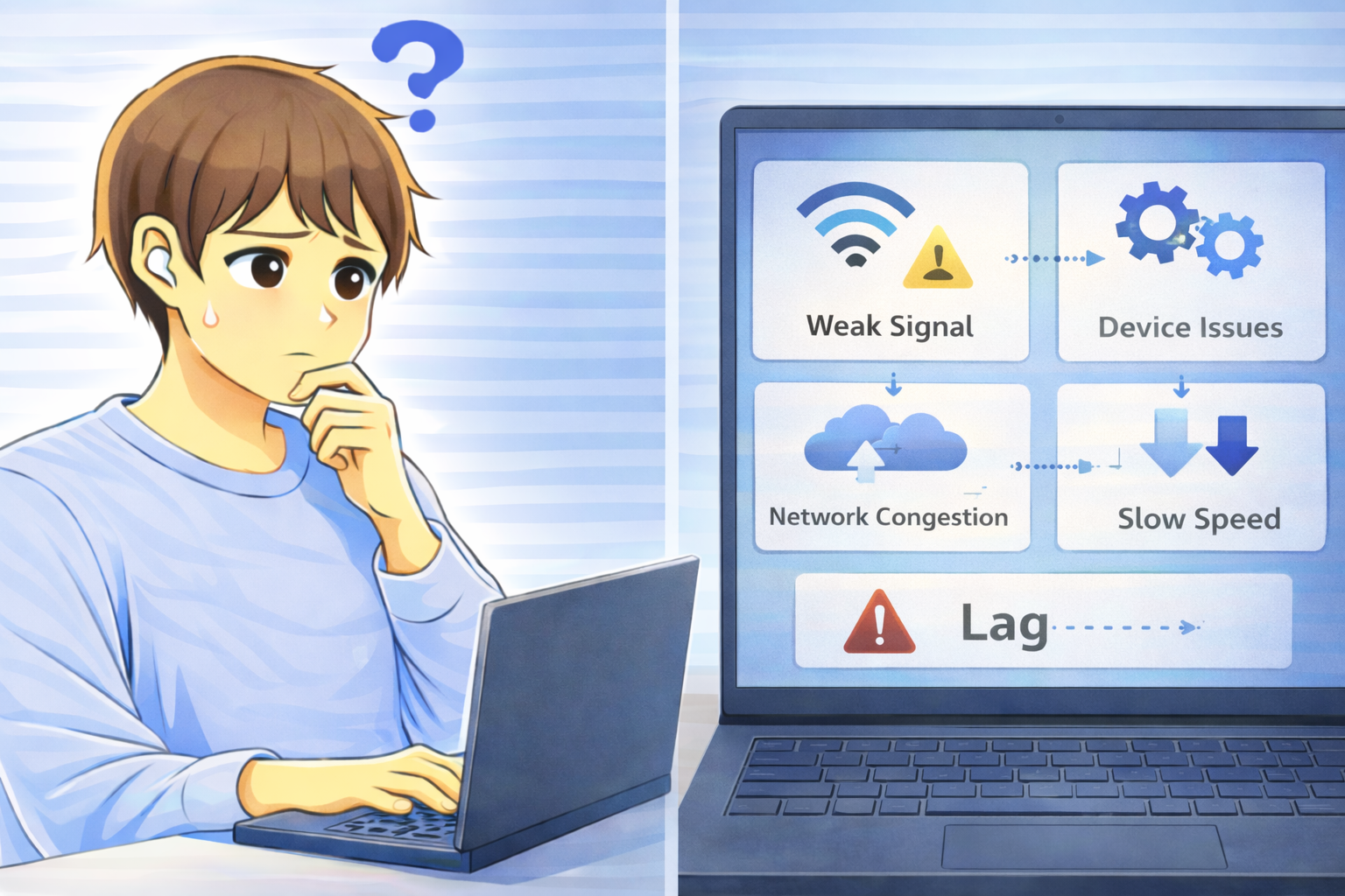 インターネットが遅くラグが発生している状況を示すノートPCのエラー画面と困っている男性のイラスト