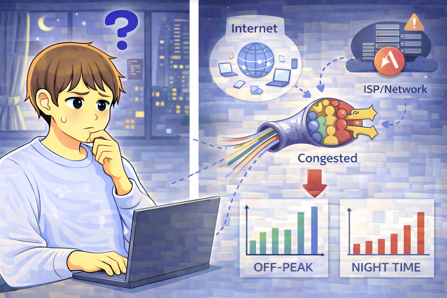 夜間にインターネット速度が低下している様子と、ノートPCを前に原因を考えている男性のイラスト