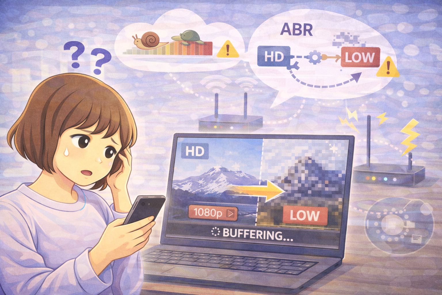 動画視聴中に画質がHDから低画質へ自動で切り替わり、通信状況の変化を示しているイラスト