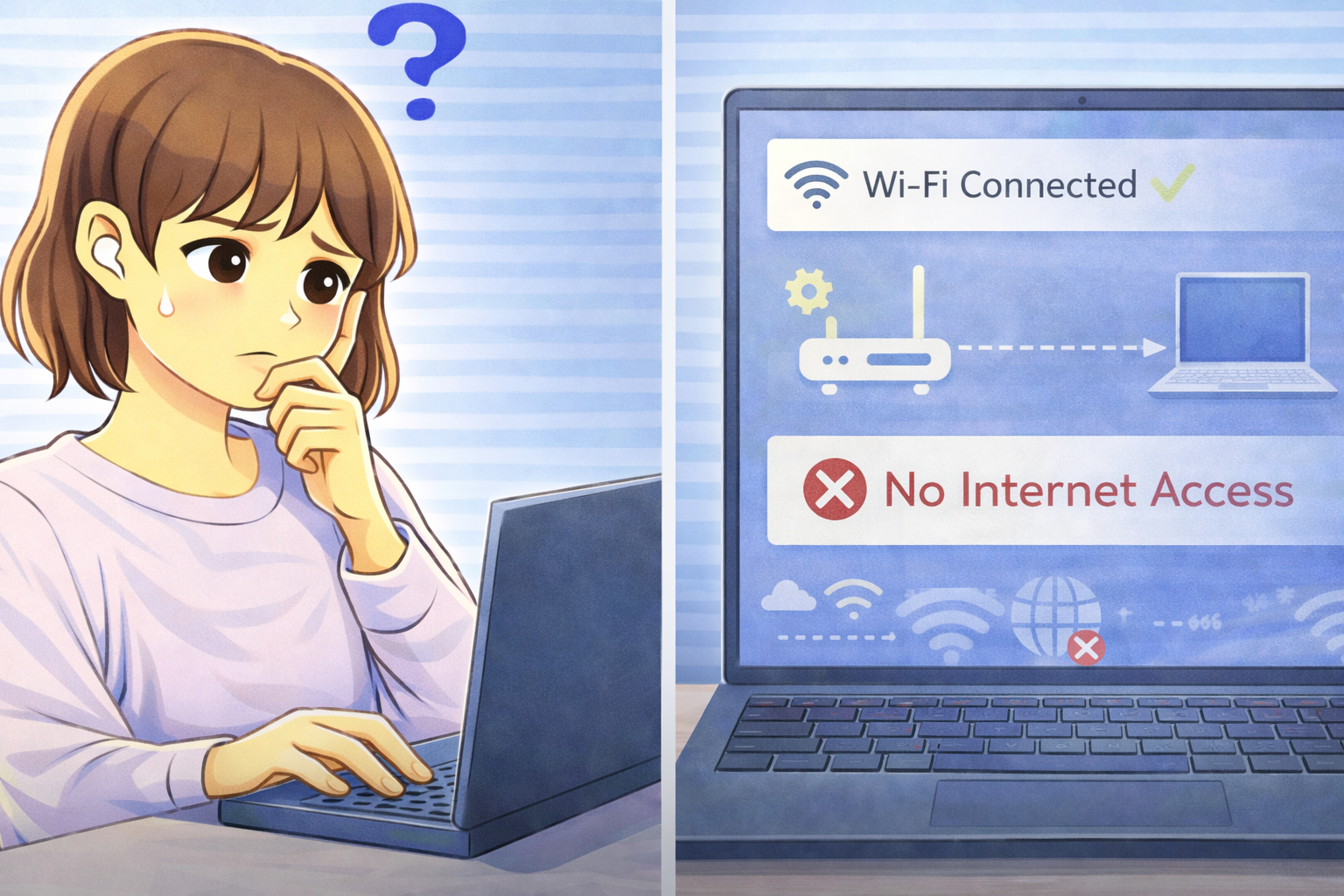 Wi-Fiには接続されているがインターネットに接続できない状態のPC画面と、パソコンを操作しながら困っている女性の様子