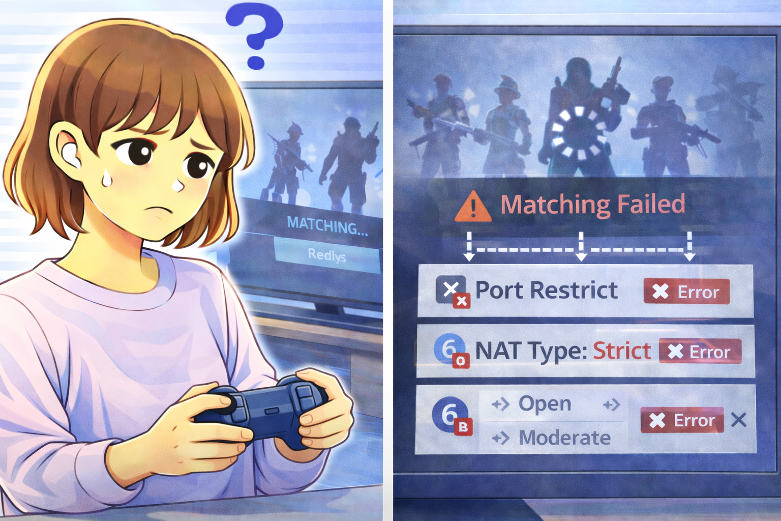 ゲームは起動しているがマッチングに失敗しNATタイプやポート制限にエラー表示が出ている画面と困っている女性のイラスト
