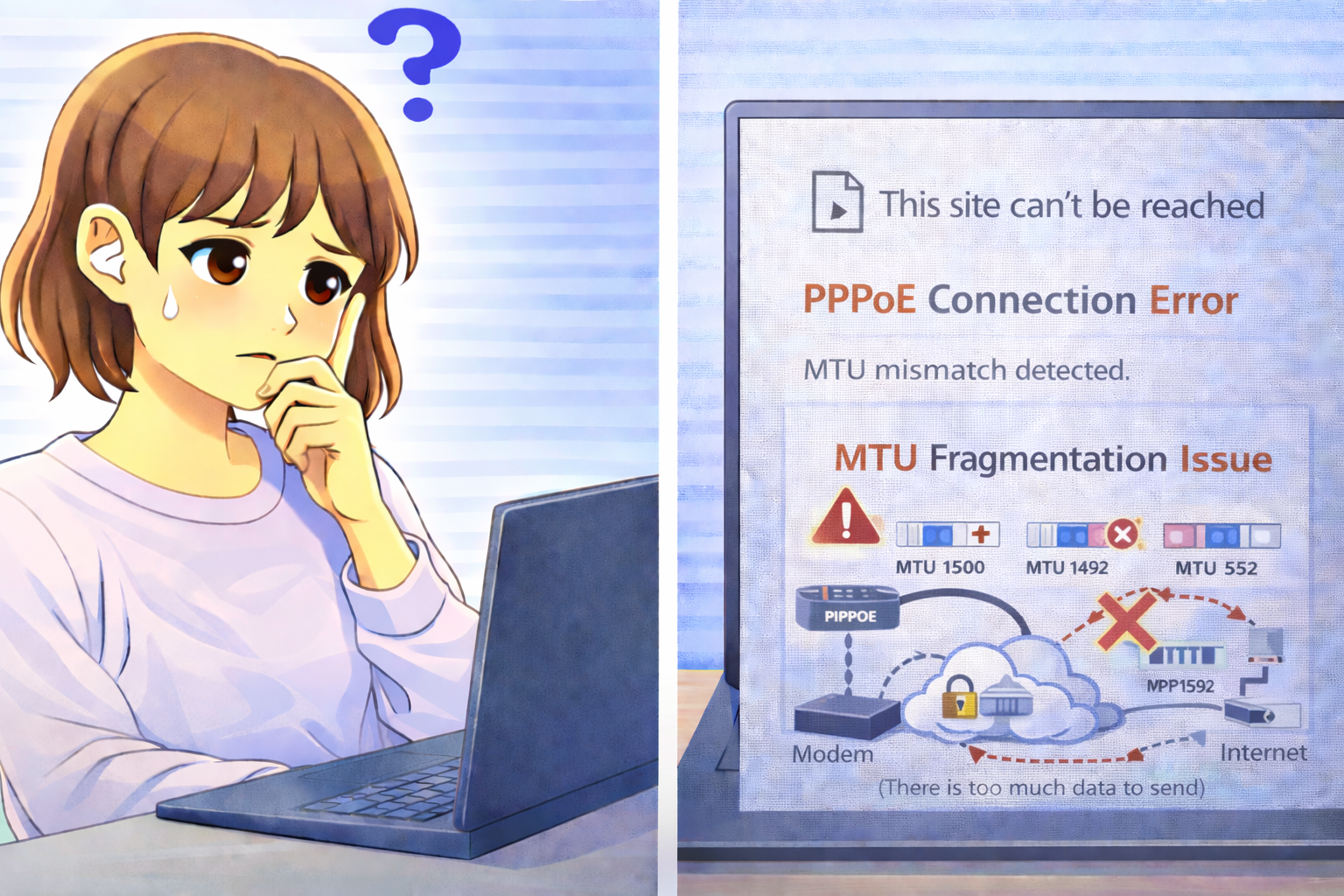 PPPoE接続エラーとMTU不整合が表示されたPC画面と困っている女性のイラスト