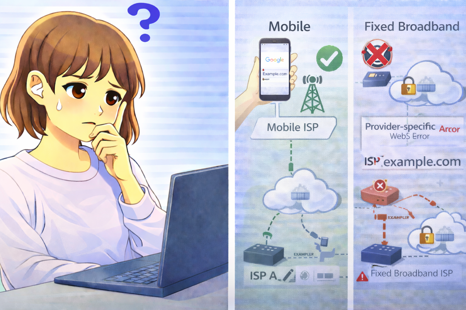 モバイル回線ではサイトが開けるが固定回線ではエラーになる状況を示したPC画面と困っている女性のイラスト