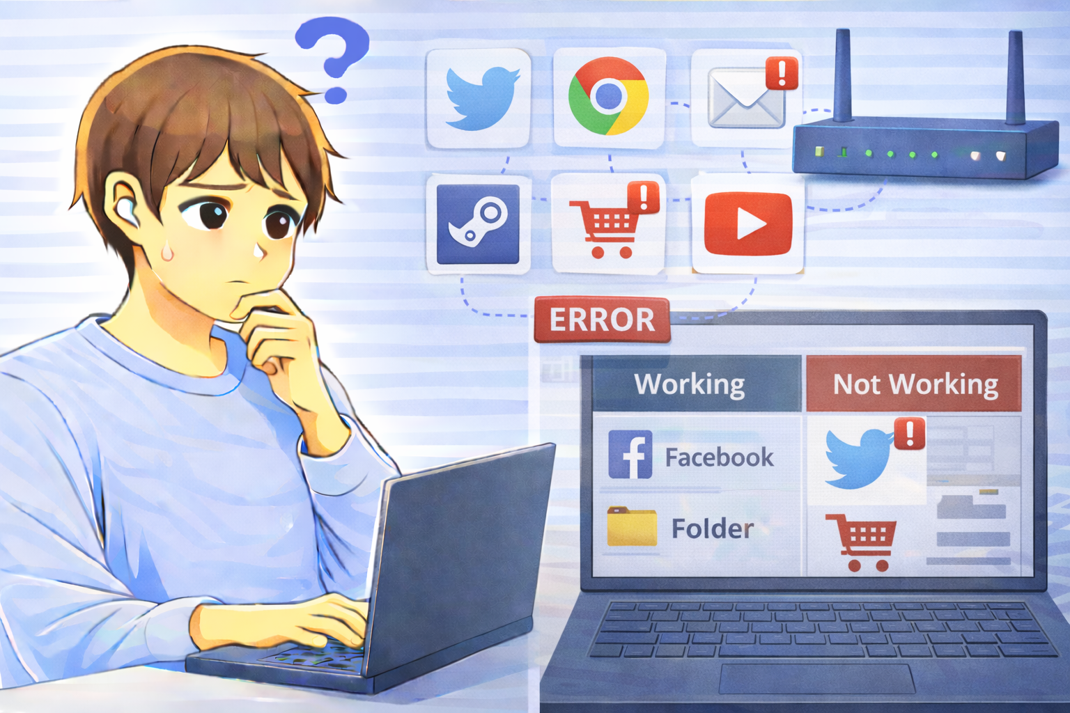 Wi-Fiは接続されている状態で特定サイトやアプリのみエラーが表示されているノートPC画面と困っている男性のイラスト