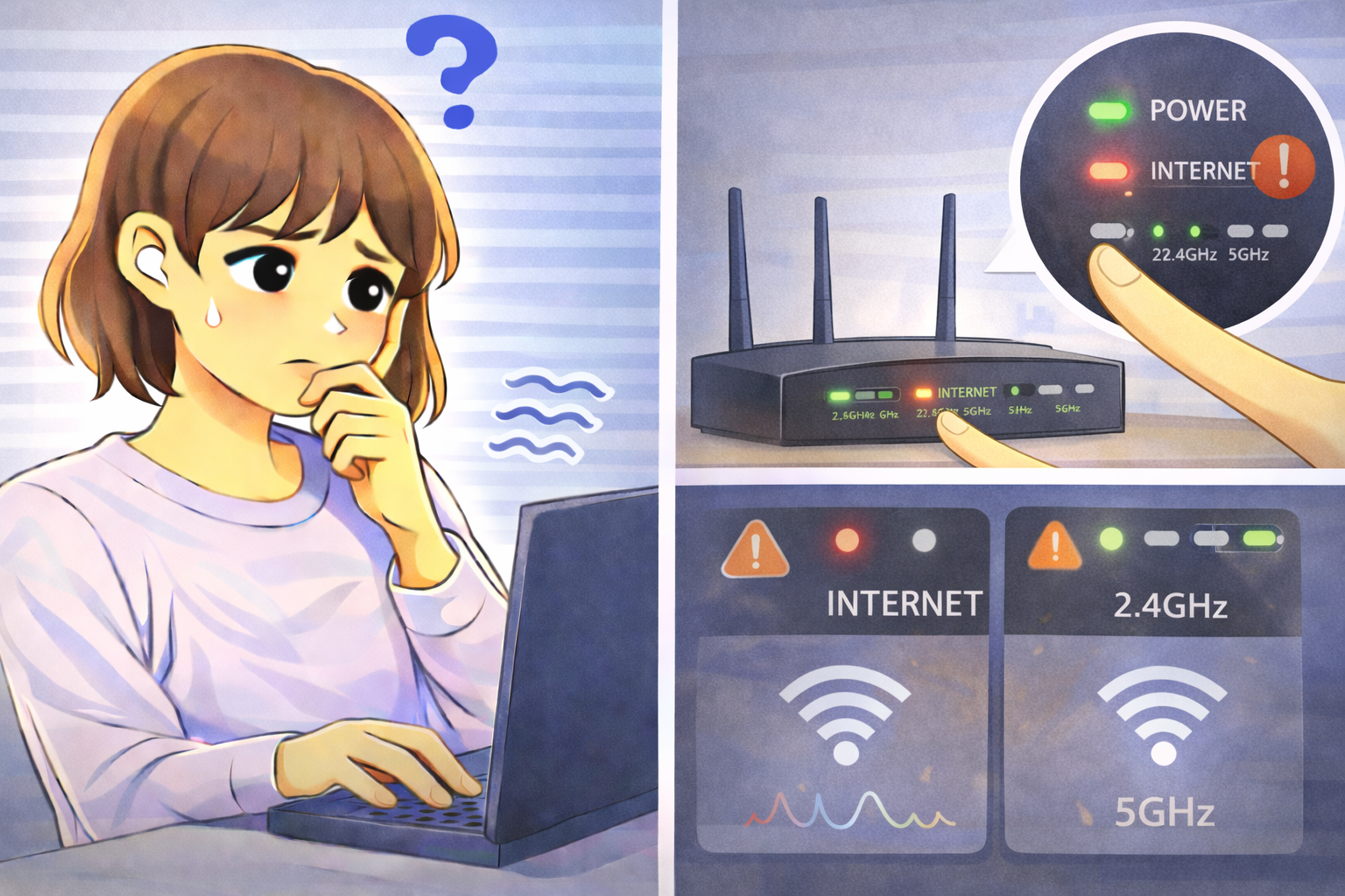 Wi-Fiがつながらず困りながら、ルーター本体のランプ表示を確認して原因を考えている女性と、ランプの点灯状態を拡大して示した画面が描かれたイラスト