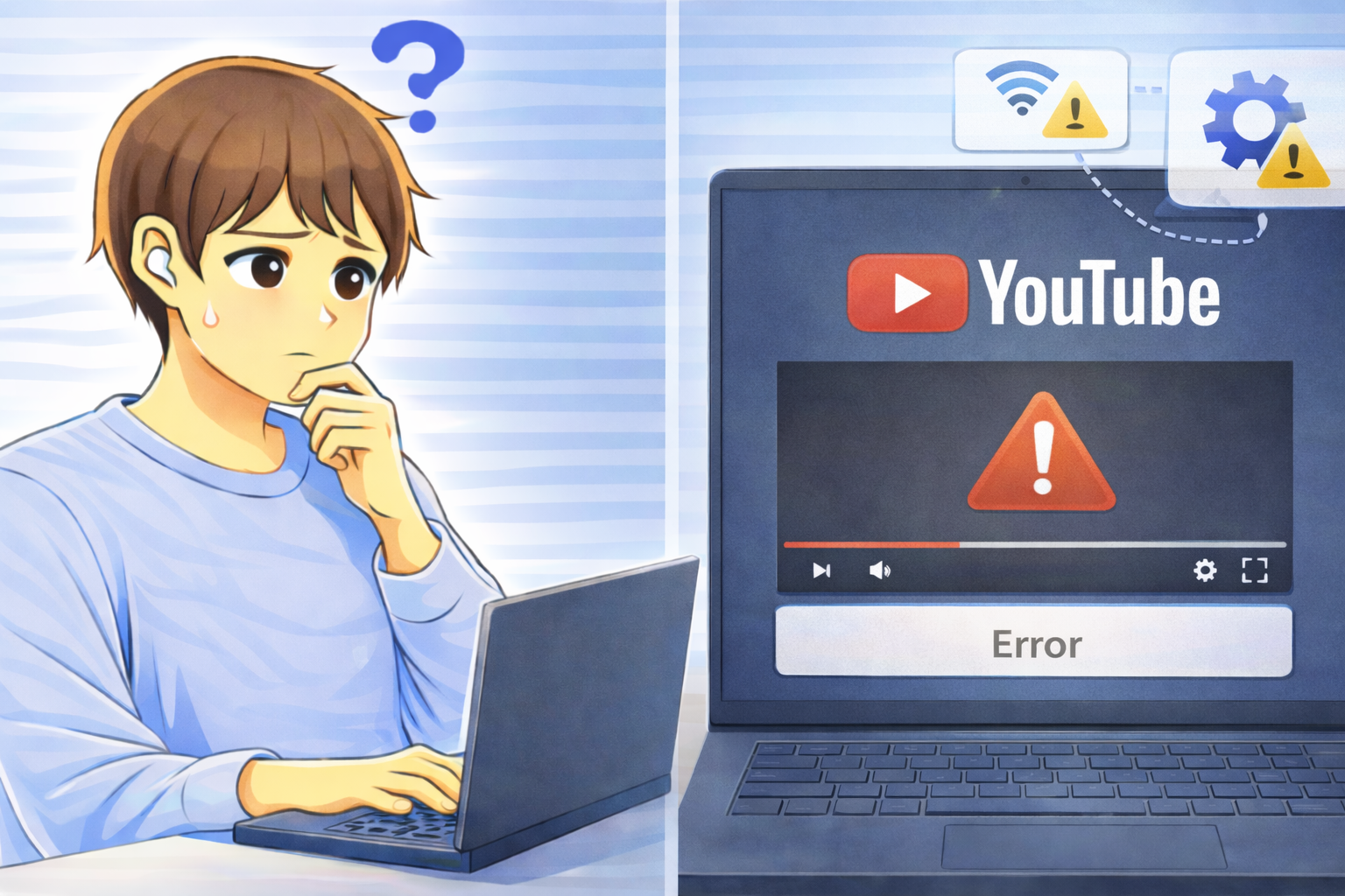 YouTubeの動画が再生できずエラー表示が出ているノートPC画面と困っている男性のイラスト