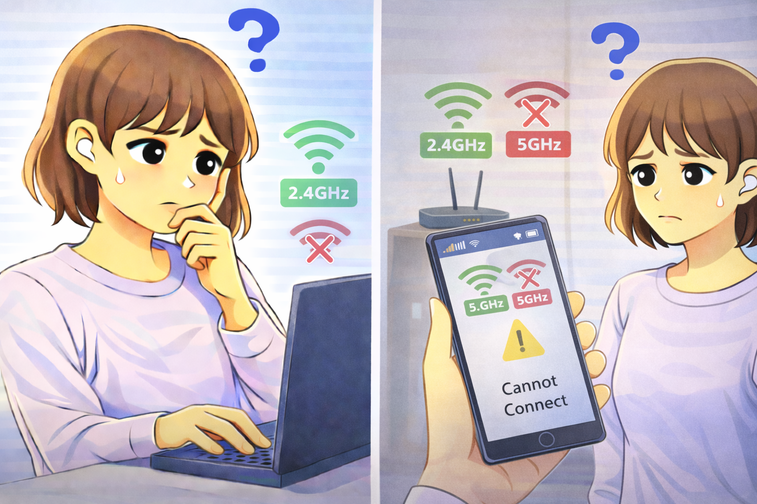 Wi-Fiの2.4GHzは使えるのに5GHzだけ接続できず、スマホやパソコンの表示を見ながら原因を考えている女性と通信状態を示す画面が描かれたイラスト