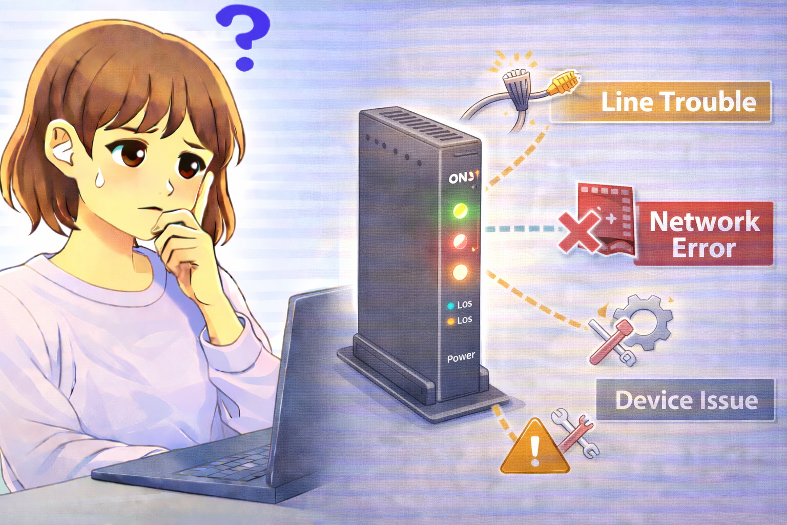 ONUのランプが点滅している状態と困っている女性のイラスト